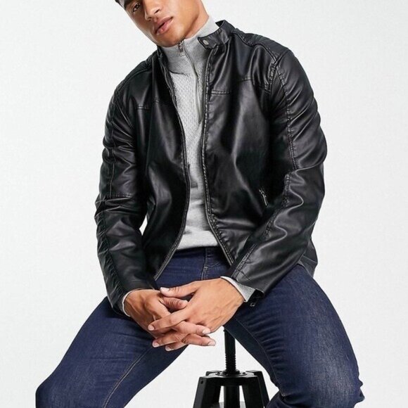 Barneys‎ Originals Black Faux Leather Biker / Moto Jacket - Size XL